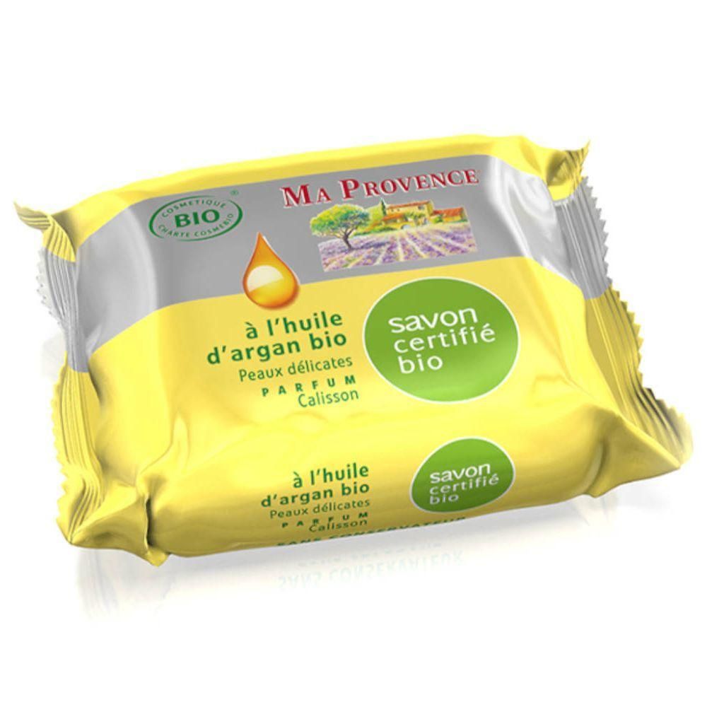 Savon bio à l'huile d'argan pour peaux délicates, parfum Calisson. Certifié bio.