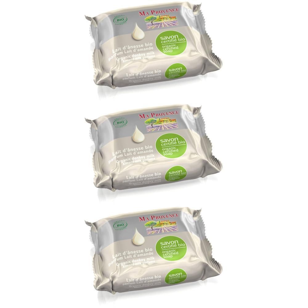 Trois savons bio emballés au lait d'ânesse et parfum amande.