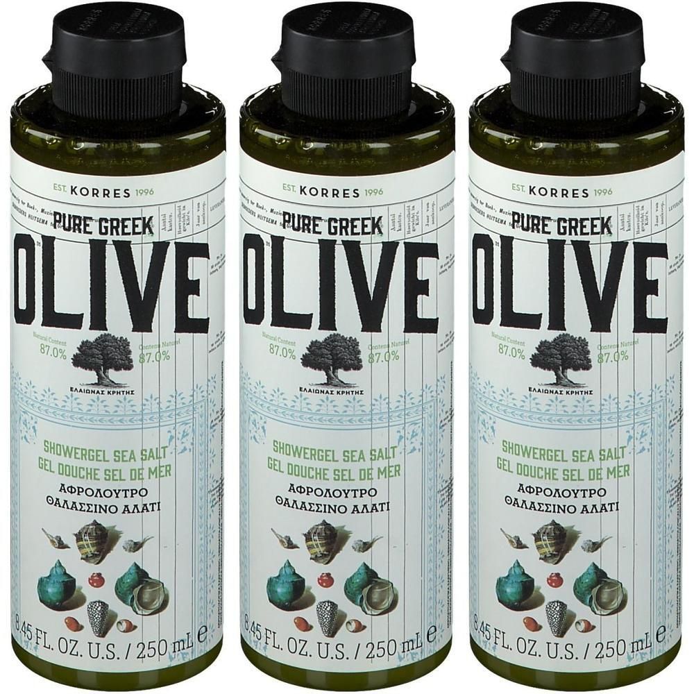 Drie flessen Korres Pure Greek Olive Shower Gel Sea Salt, 250 ml.