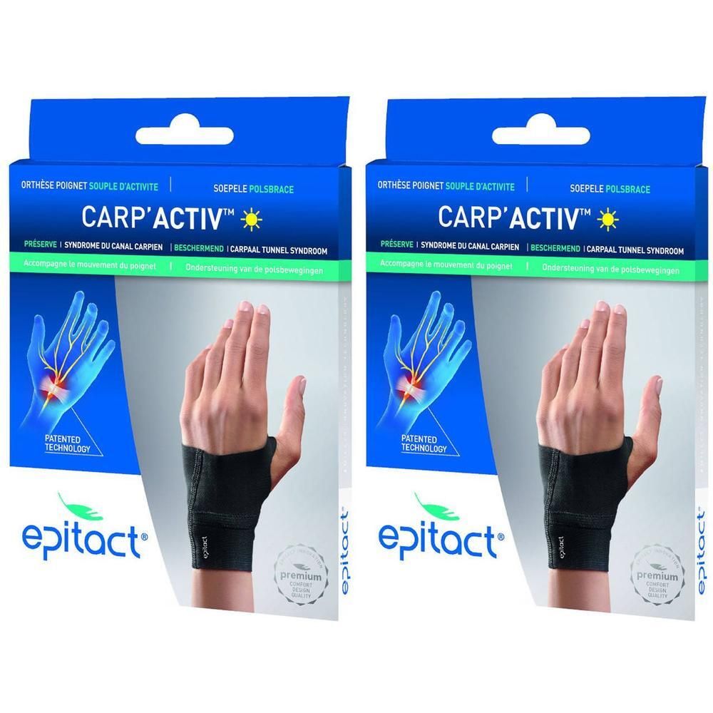 Twee zwarte Epitact Carp'Activ polsbraces. De verpakking toont een hand met brace en anatomische illustratie.