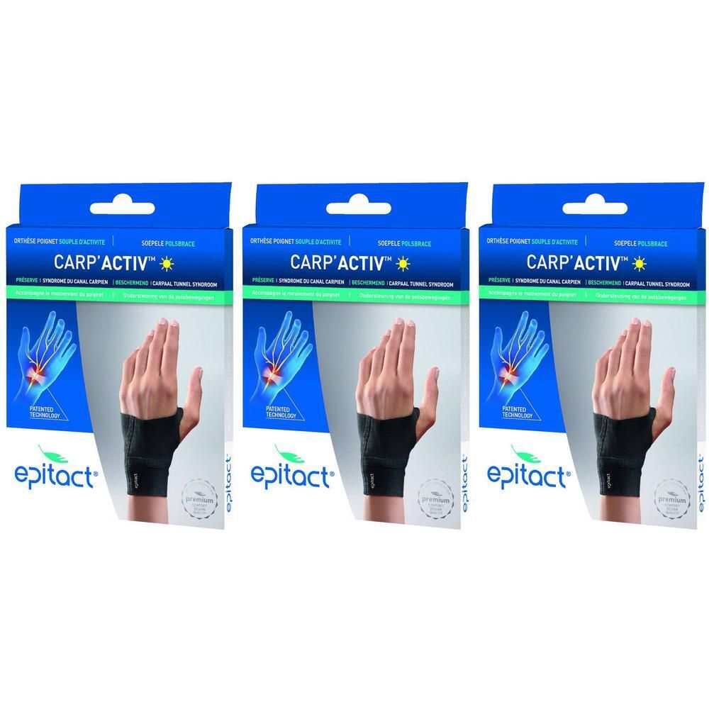 Orthèse poignet Epitact Carp'Activ Gauche Petite. Montre une main avec orthèse et une illustration anatomique du poignet.