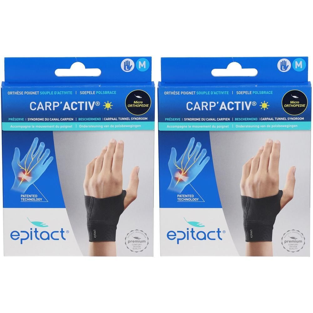 Epitact Carp'Activ polsbrace, maat M, links. Zwart textiel met gepatenteerde technologie.