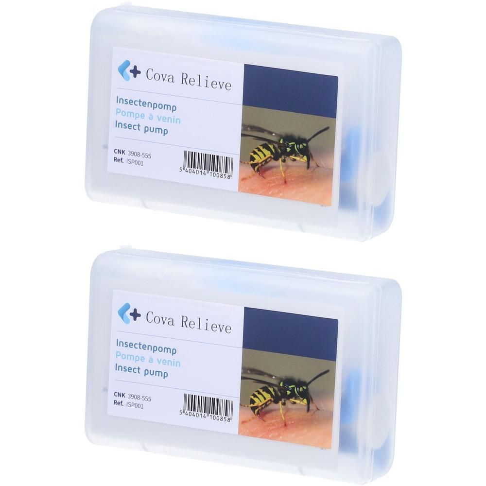 Deux pompes à venin d'insectes dans un boîtier transparent avec une étiquette montrant une guêpe sur la peau.