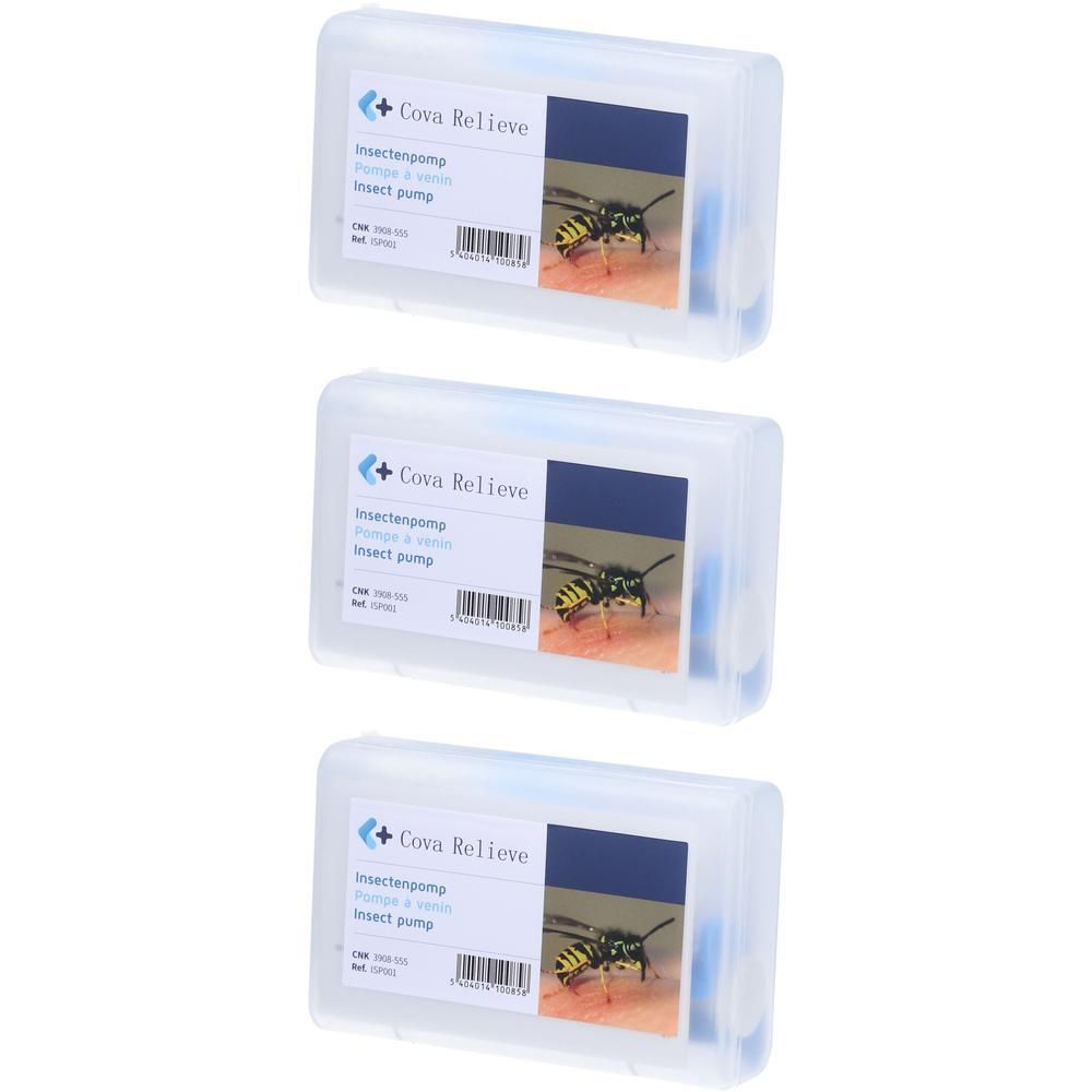 Drie Cova Relieve insectenpompen in doorzichtige behuizing. Elk toont een wesp op huid.
