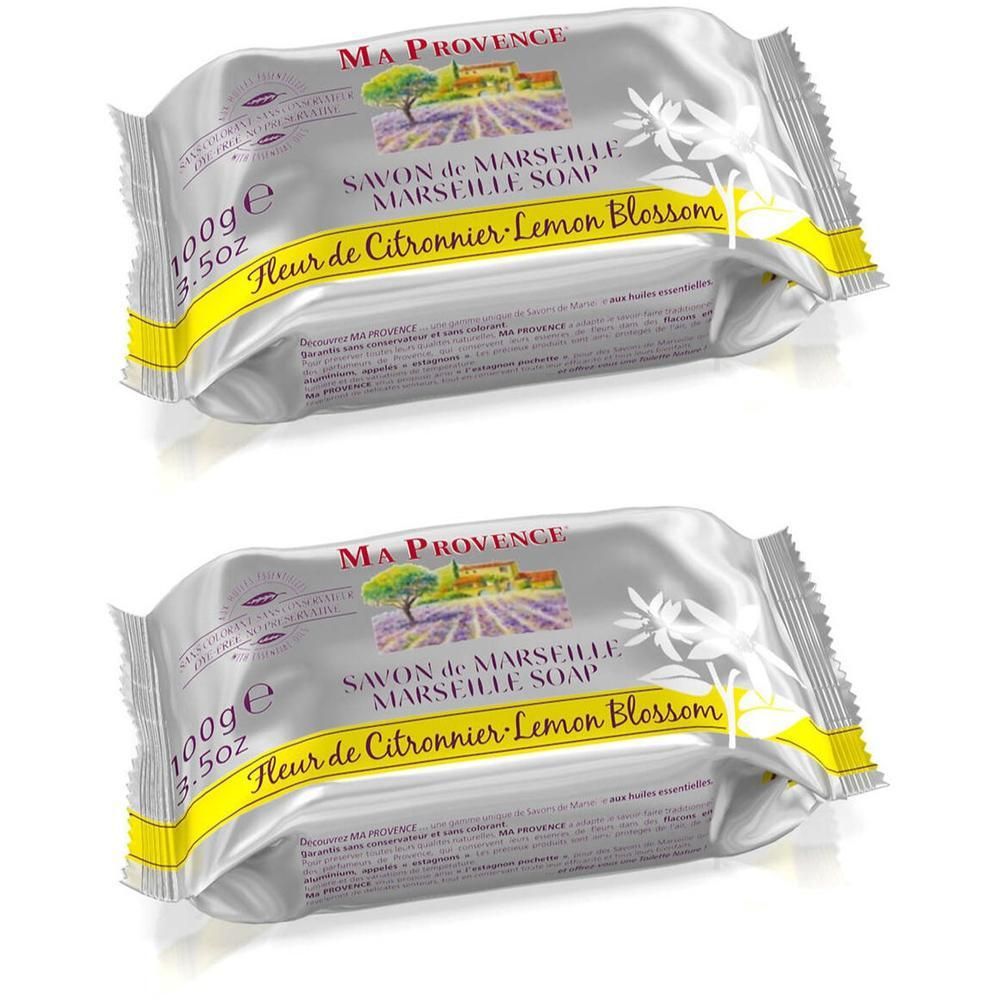 Deux savons Ma Provence Fleur de Citronnier emballés, 100g.