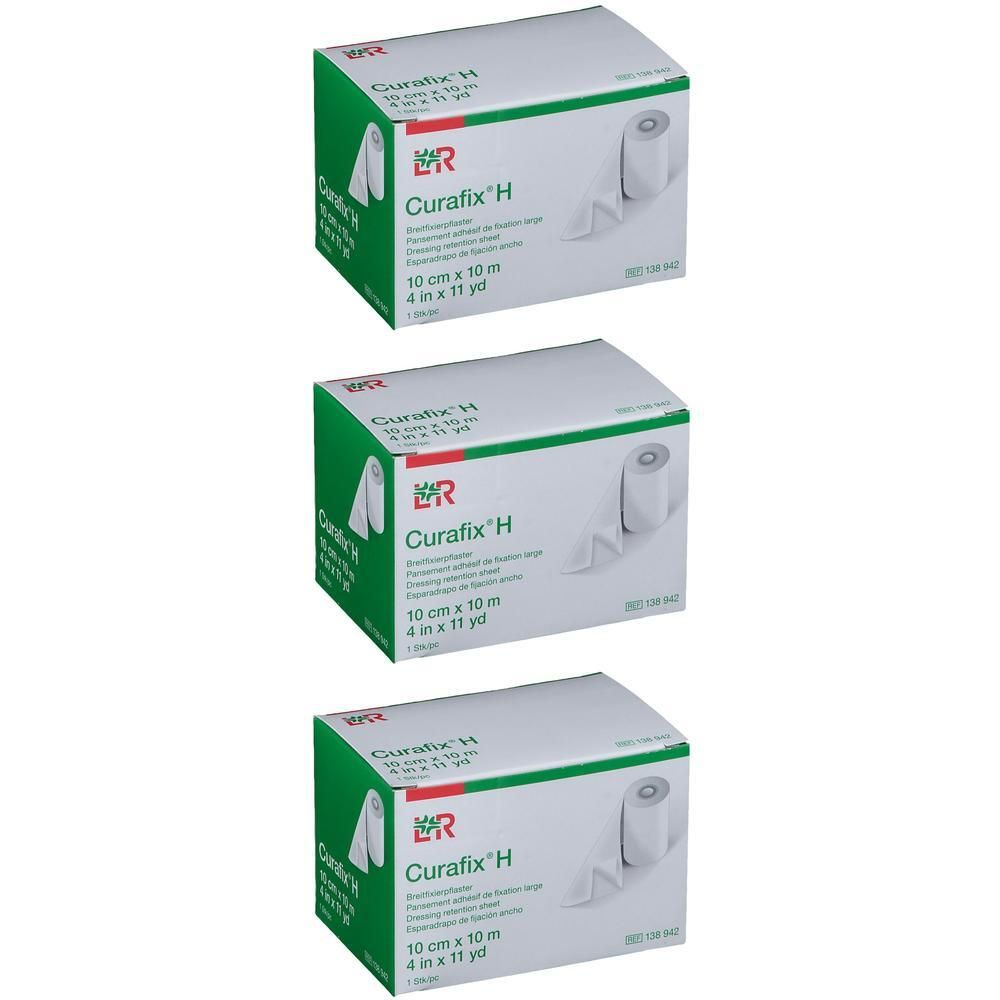Drie pakken Curafix H Fixatiepleister, 10 cm x 10 m.