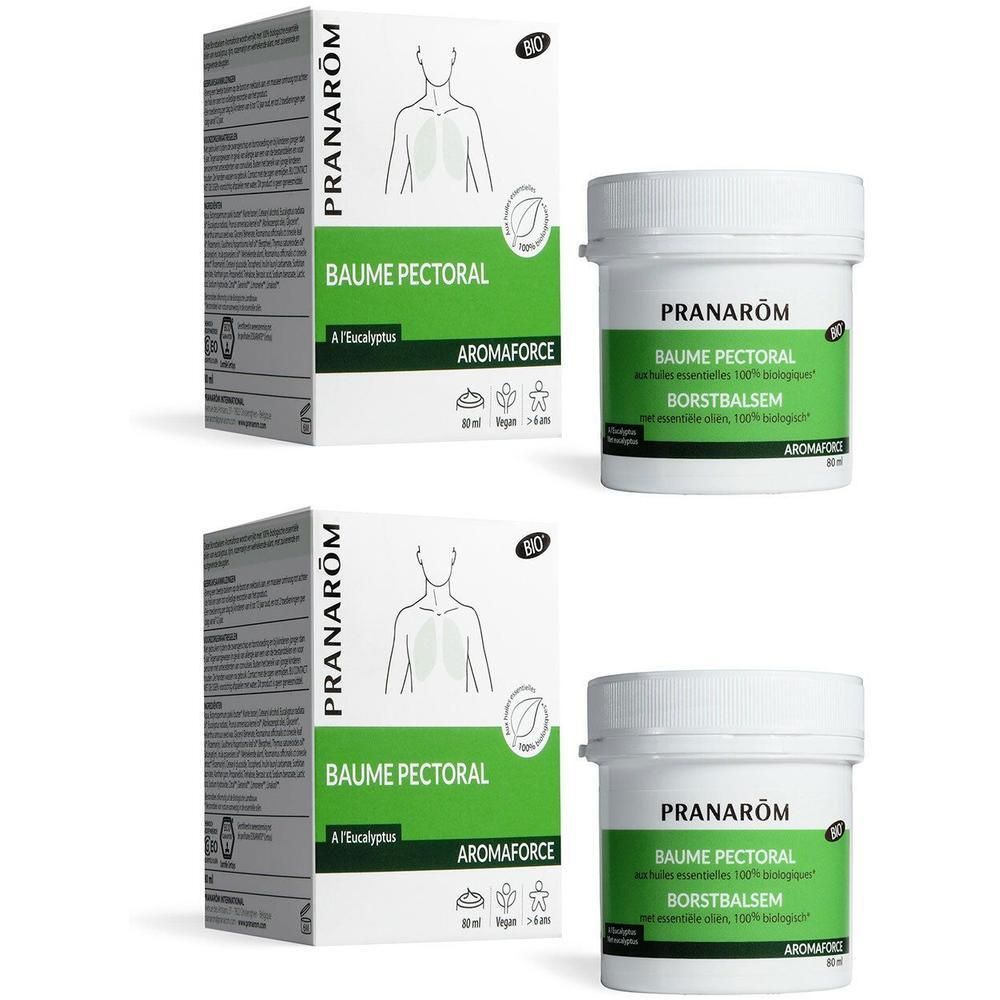 Twee verpakkingen Pranarôm Aromaforce Bio Borstbalsem met Eucalyptus.