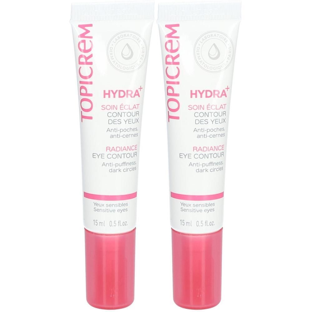 Twee Topicrem Hydra+ Oogcontour Crème tubes, roze dop. Elk 15ml.