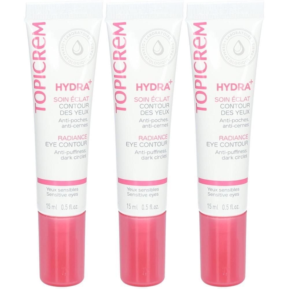 Drie Topicrem Hydra+ oogcontourcrème tubes met roze dop. Elke tube bevat 15 ml.