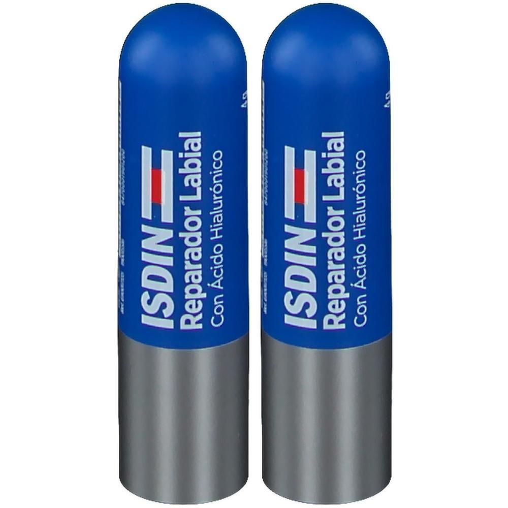 Deux baumes à lèvres ISDIN réparateurs avec acide hyaluronique. Emballage bleu et argent.