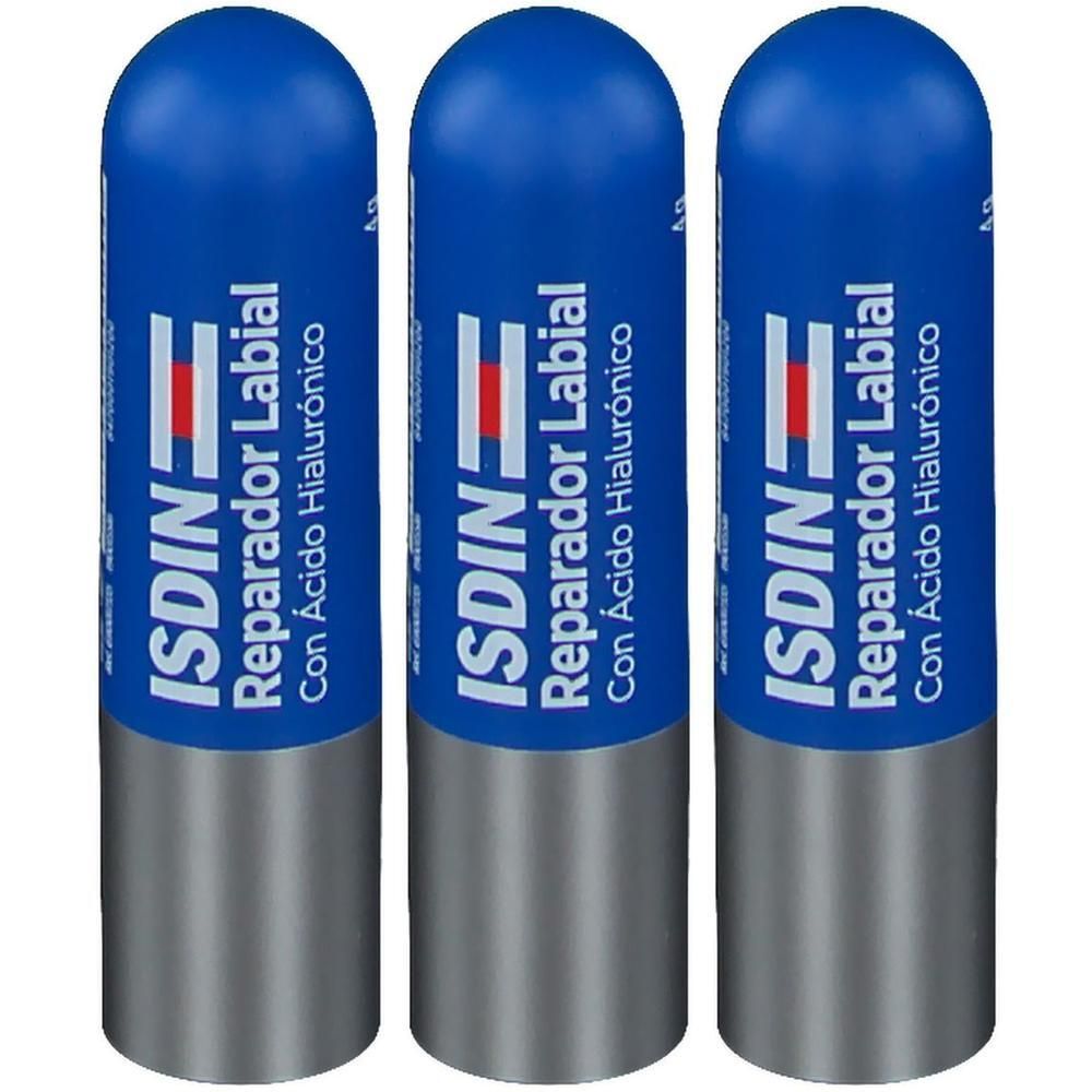 Drie ISDIN lippenbalsems met hyaluronzuur.