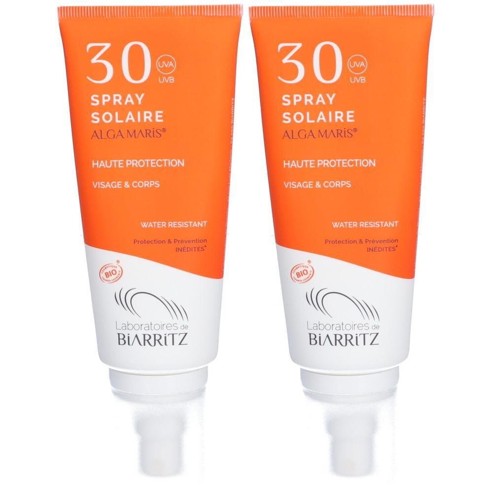 Twee tubes zonnebrandspray SPF 30 voor gezicht en lichaam, waterbestendig.