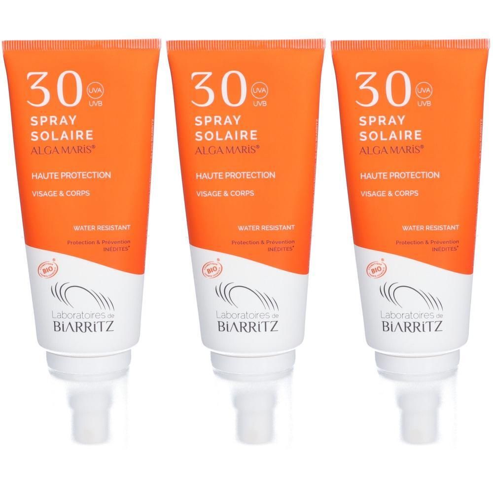 Drie tubes zonnebrandspray met SPF 30, merk Laboratoires de Biarritz.