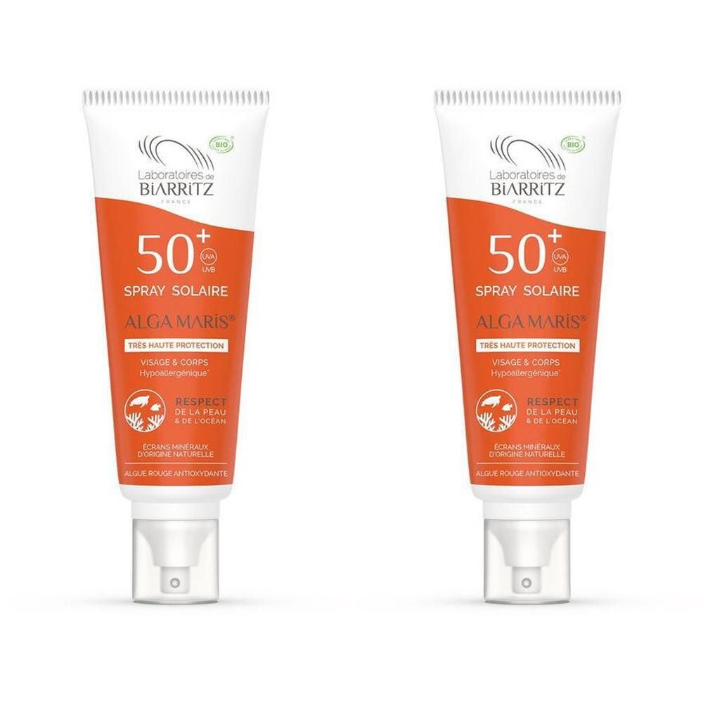 Twee tubes Alga Maris zonnebrandspray SPF 50+ van Laboratoires de Biarritz.