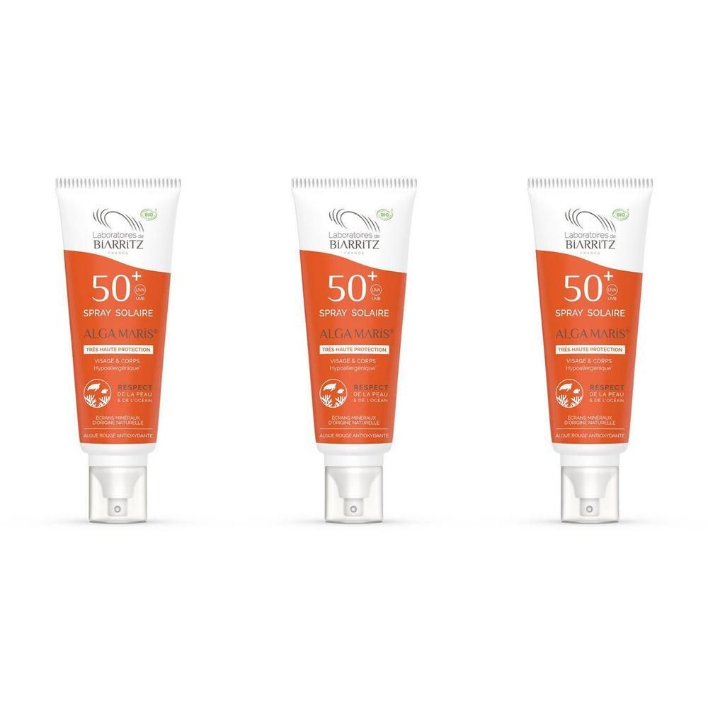 Drie tubes Alga Maris zonnebrandspray SPF50+ van Laboratoires de Biarritz.
