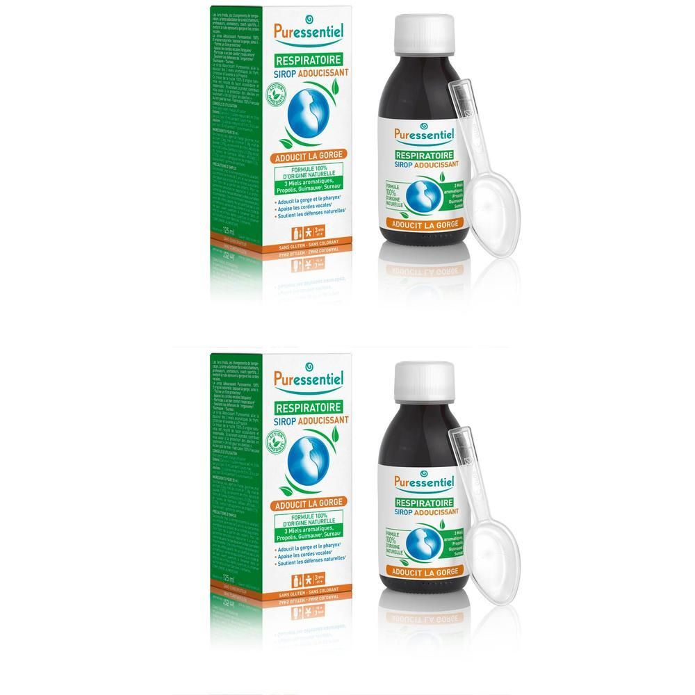 Deux boîtes de Sirop Respiratoire Puressentiel avec cuillère doseuse. Flacon foncé à bouchon blanc.