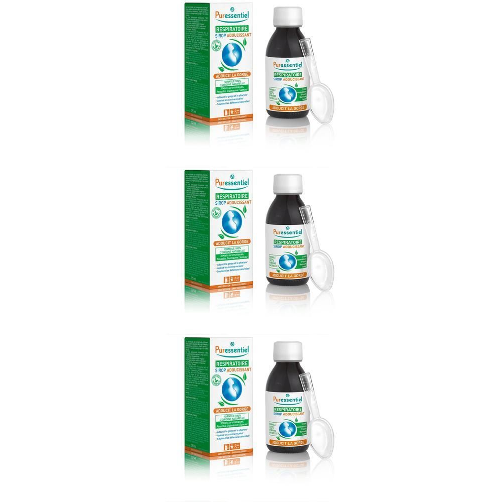 Trois boîtes de Sirop Gorge Puressentiel avec cuillère doseuse. Emballage vert et orange avec symbole globe terrestre.