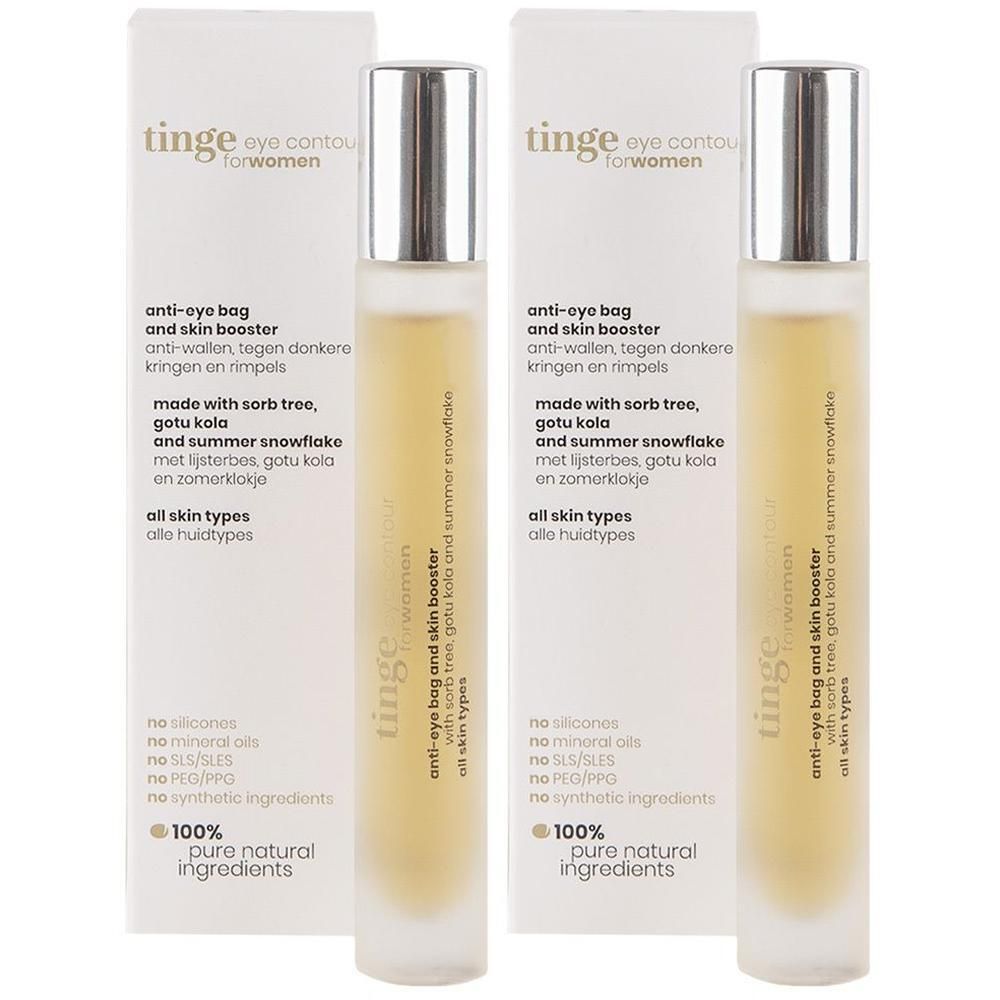 Twee flacons Tinge Eye Contour for Women met zilveren dopjes. Heldere vloeistof, witte verpakking met tekst.