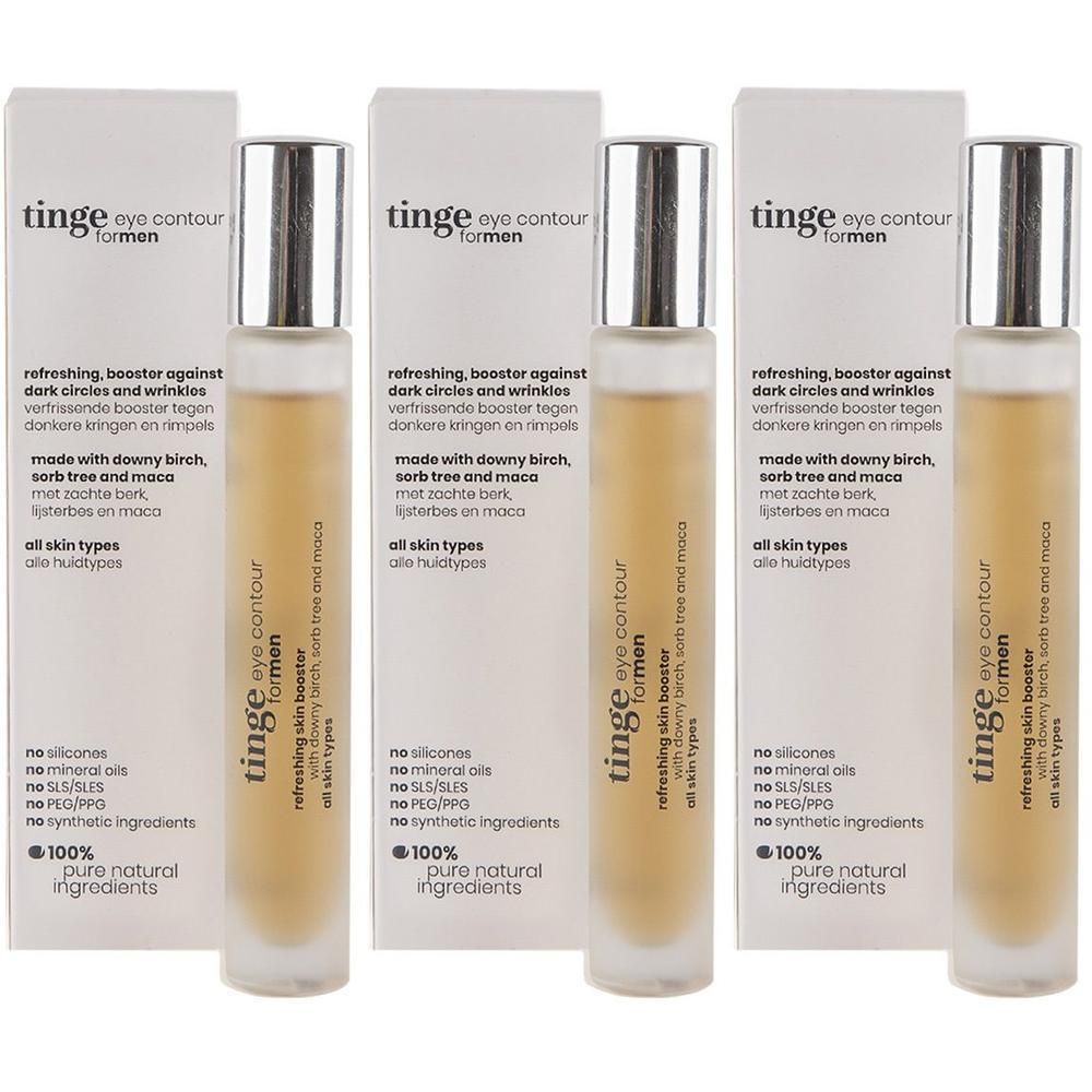 Trois flacons Tinge Eye Contour for Men avec emballage. Liquide clair dans des flacons en verre avec bouchons argentés.