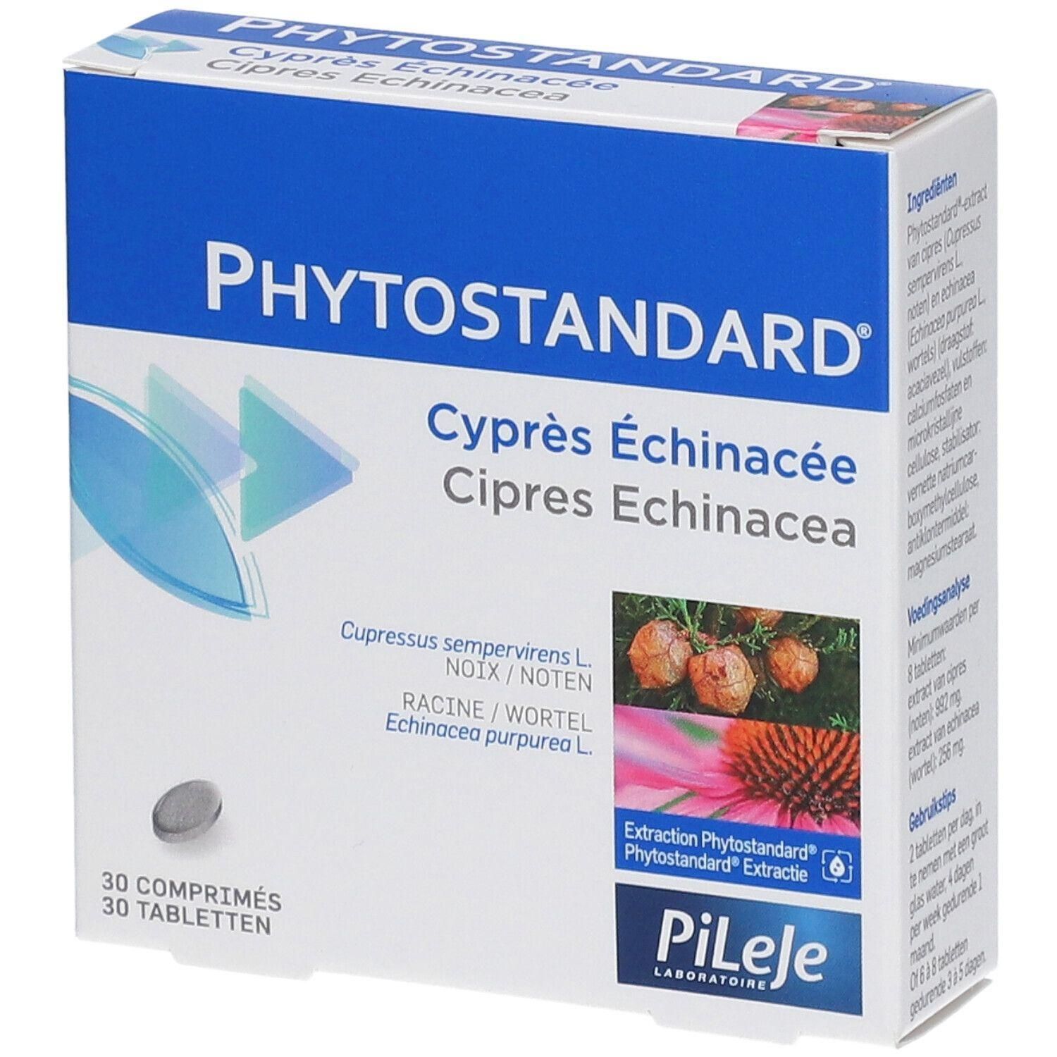 Boîte de 30 comprimés Phytostandard Cipres Echinacea, avec images de cônes de cyprès et d'échinacée.