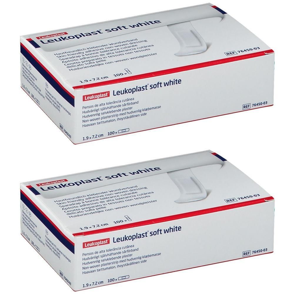 Twee verpakkingen Leukoplast® Soft White pleisters, 1,9 cm x 7,2 cm.