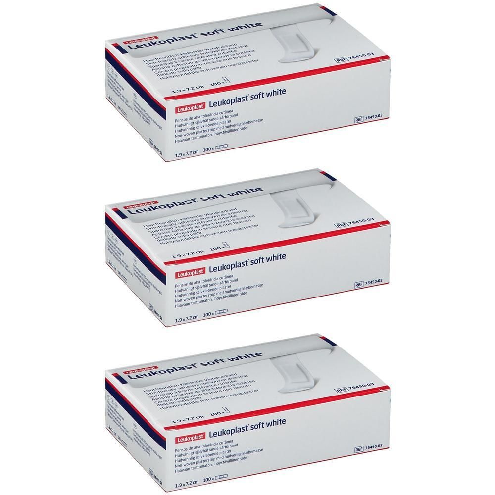 Drie dozen Leukoplast® Soft White verband, 19 mm x 72 mm.