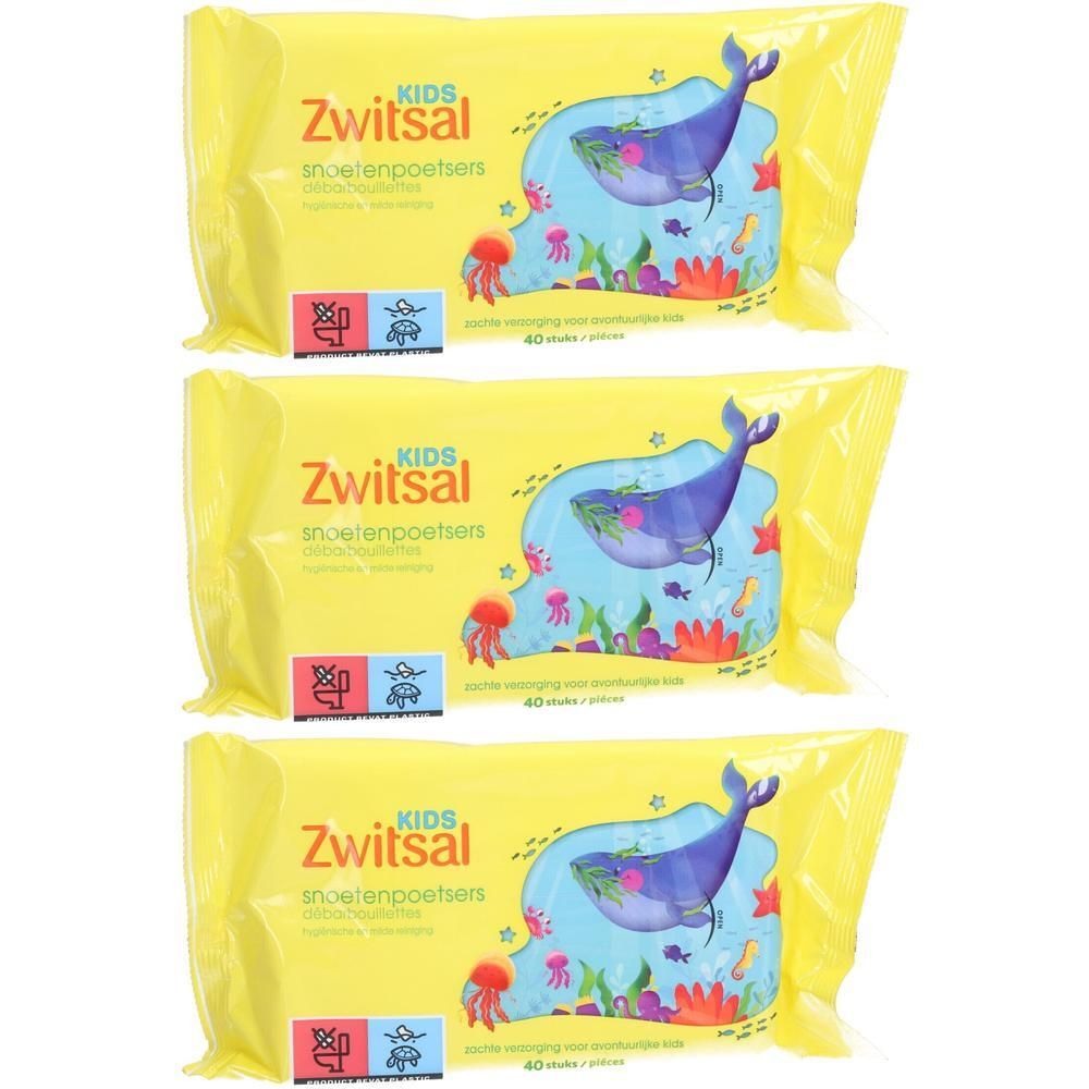 Drie pakken Zwitsal Kids vochtige doekjes met walvisafbeelding.