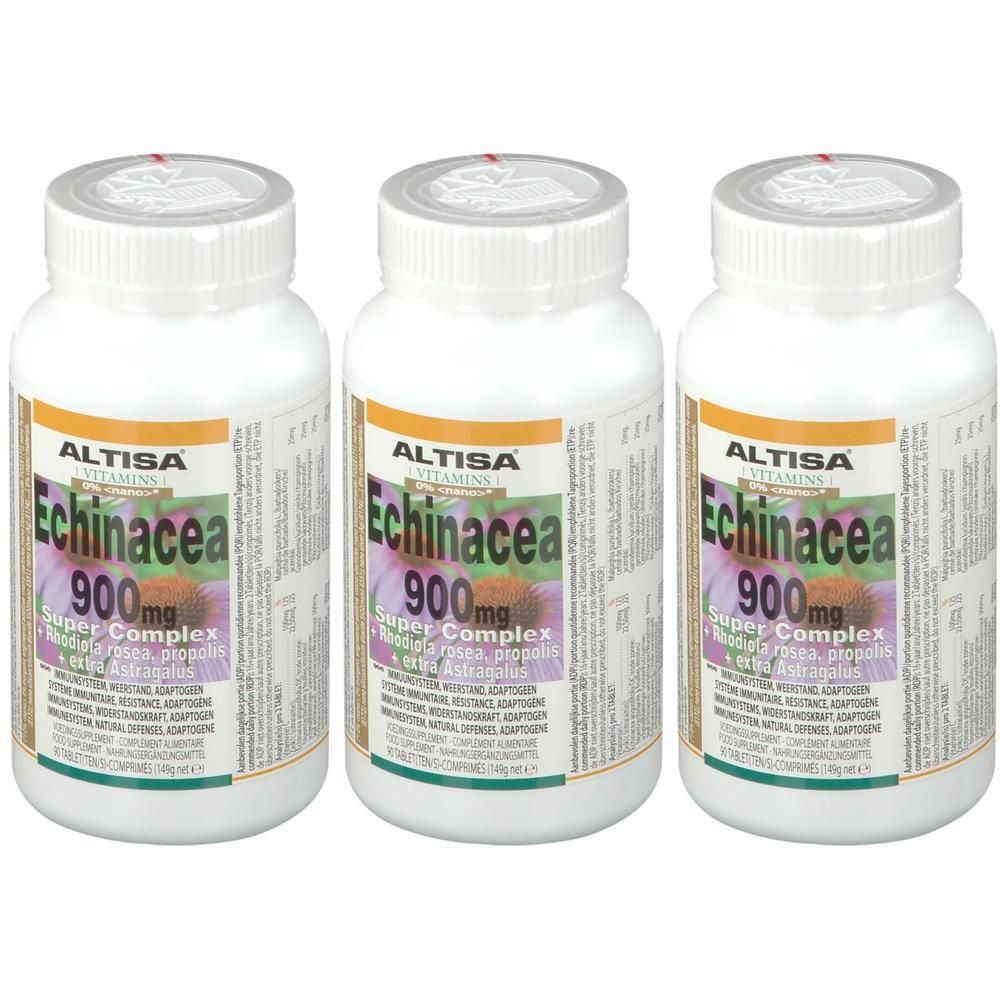 Drie flessen Altisa Echinacea 900mg Super Complex. Witte containers met oranje-paarse etiketten.