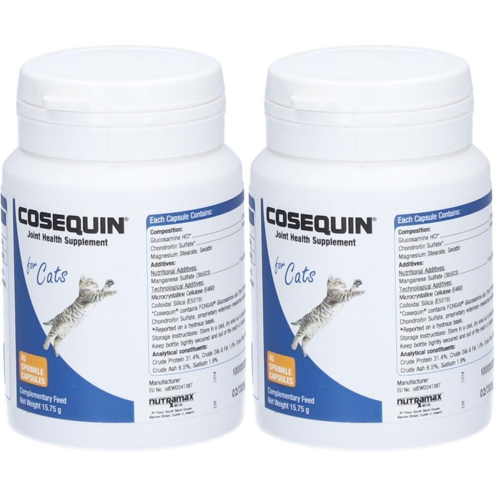 Deux flacons de Cosequin pour chats, supplément pour la santé articulaire. Flacons blancs avec étiquettes bleues et image de chat.
