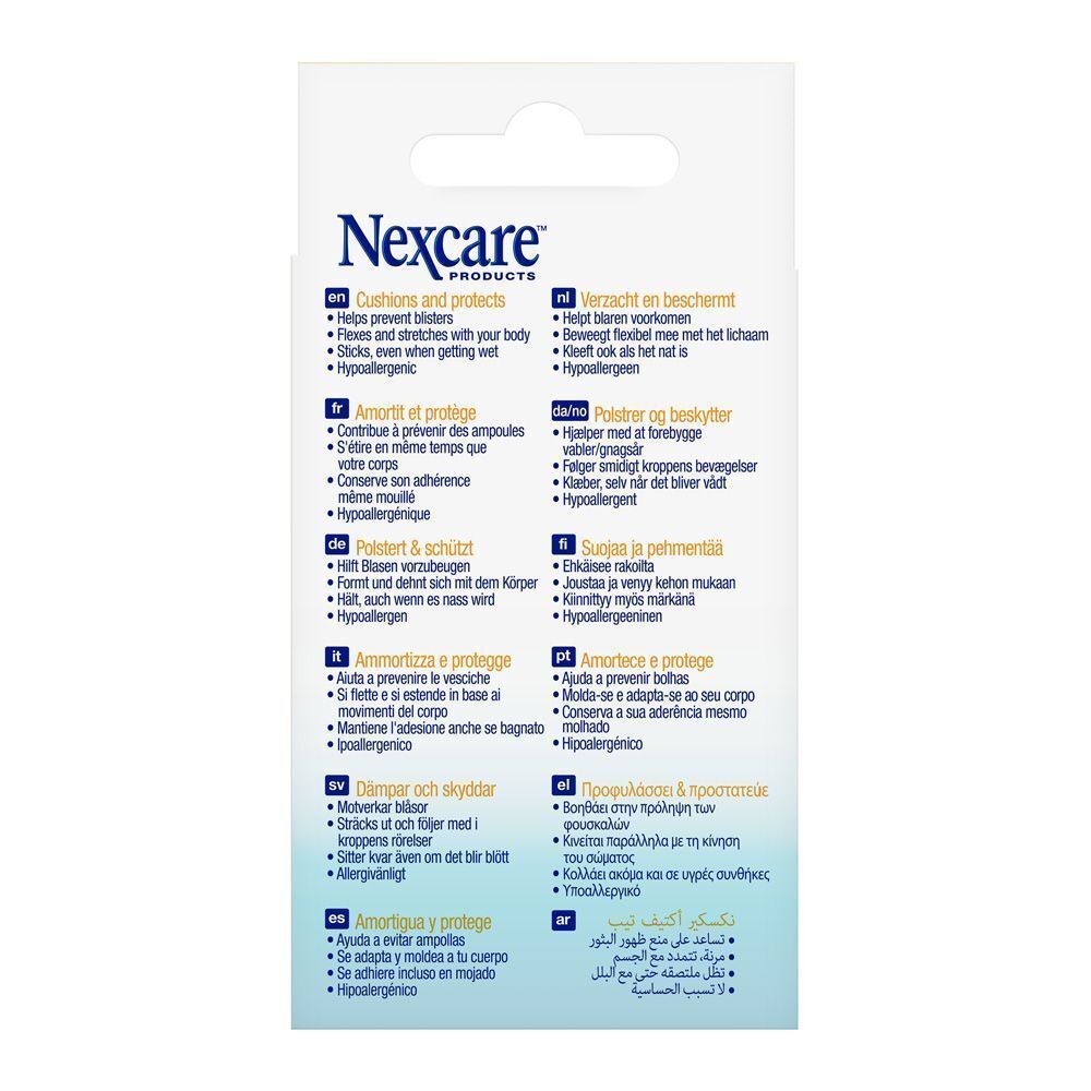 Achterkant van de verpakking Nexcare Active Tape met productkenmerken in meerdere talen.