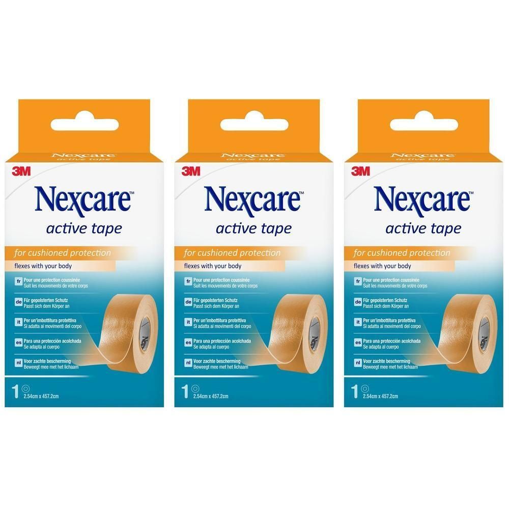 Trois paquets de Nexcare Active Tape, 2,54 cm x 4,57 m, beige.