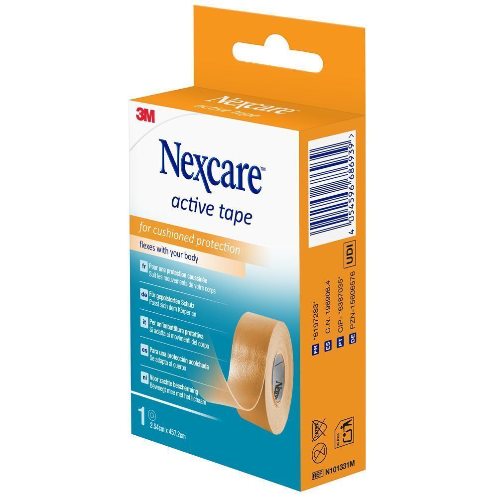 Un paquet de Nexcare Active Tape, 2,54 cm x 4,57 m, beige, vue arrière.