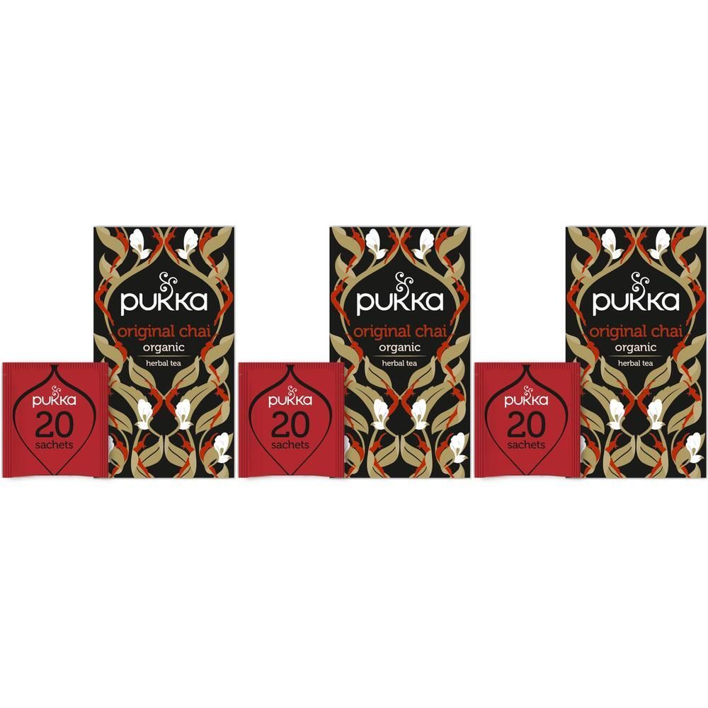 Trois paquets de thé bio Pukka Original Chai, chacun contenant 20 sachets.