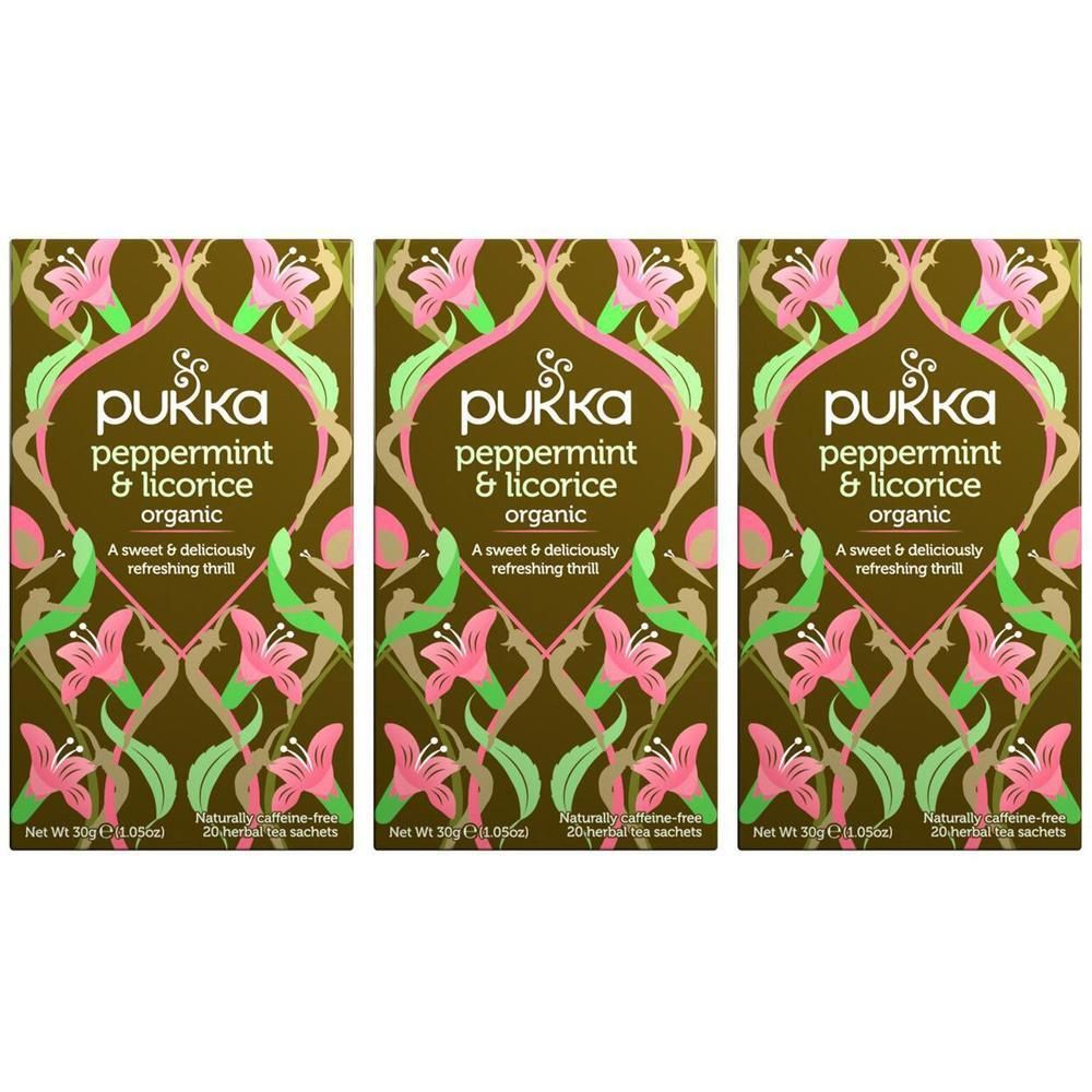 Trois paquets de thé bio Pukka Menthe Poivrée & Réglisse. Paquets marron à motif floral.