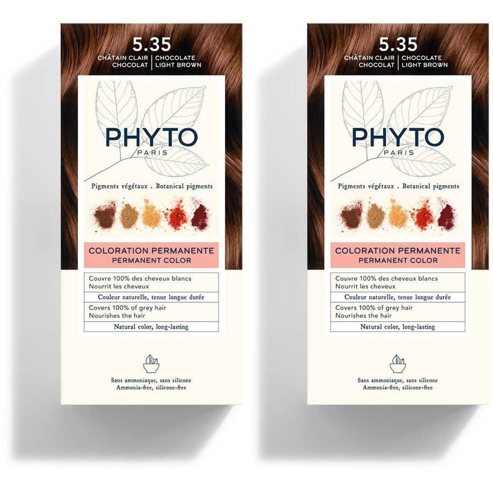 Coloration Phyto Phytocolor 5.35 Châtain Clair - Chocolat. Montre des pigments de couleur et des informations produit.