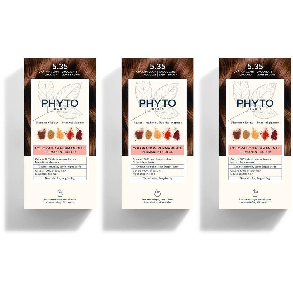 Drie pakken Phyto Phytocolor 5.35 Châtain Clair - Chocolat permanente haarkleur.