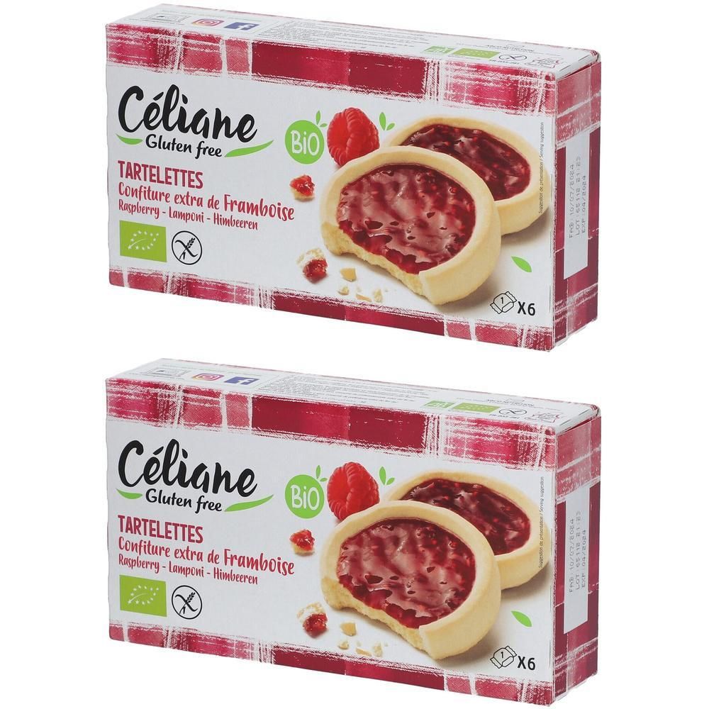 Twee pakken Céliane Bio Framboos Tartelettes, glutenvrij. Elk pak bevat 6 stuks.