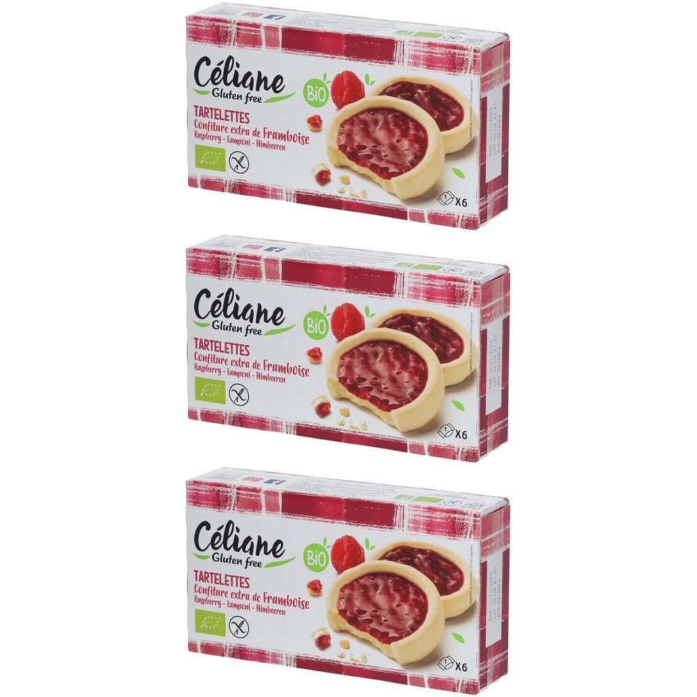 Trois paquets de Céliane Bio Tartelettes Framboise, sans gluten. Chaque paquet contient 6 tartelettes.