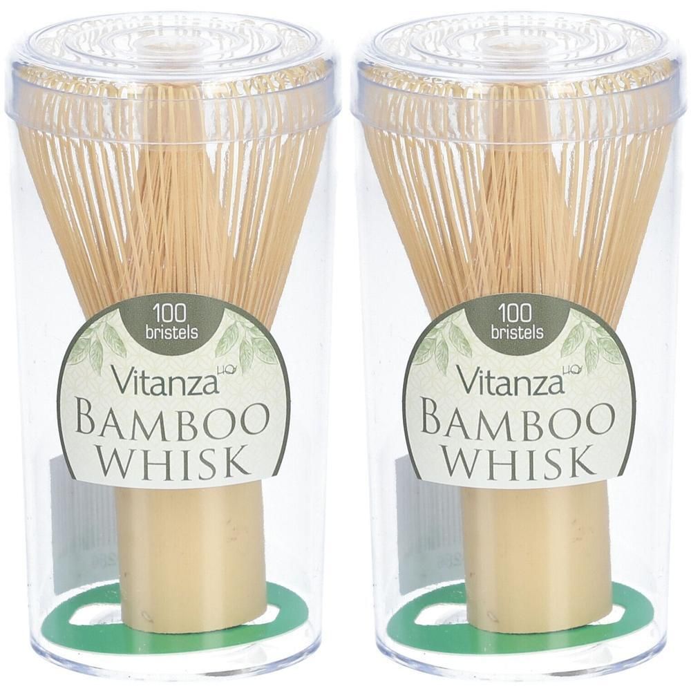 Deux fouets Vitanza en bambou, chacun avec 100 brins, dans un emballage transparent.