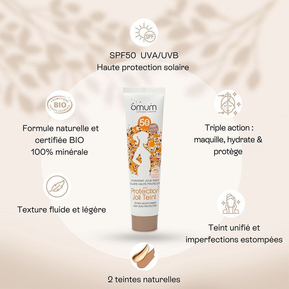 omum Protection Joli Teint SPF 50 : protection UVA/UVB 100% minérale, formule naturelle, texture légère.