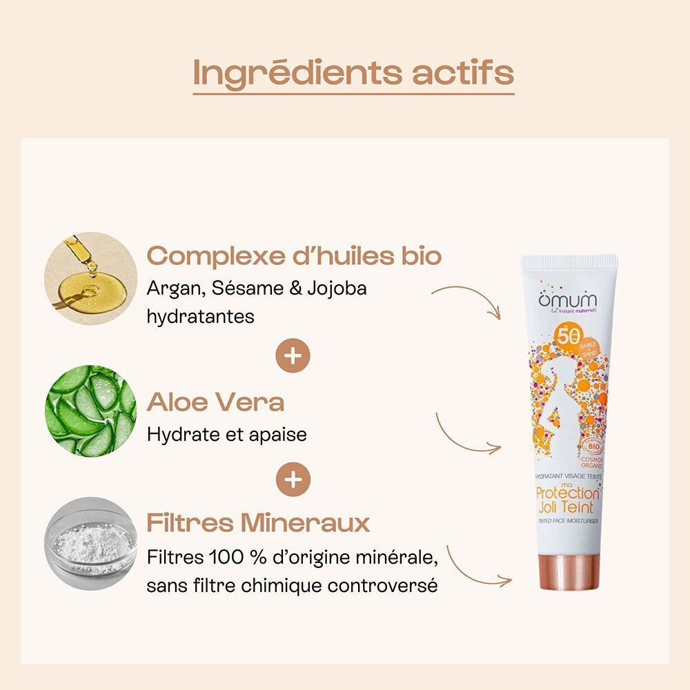 omum Protection Joli Teint SPF 50 : huiles bio, aloe vera et filtres minéraux comme ingrédients actifs.