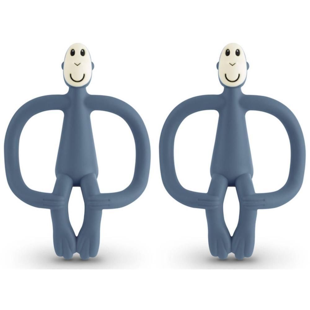 Deux anneaux de dentition singe bleu avec visages et bras blancs formant un cercle.