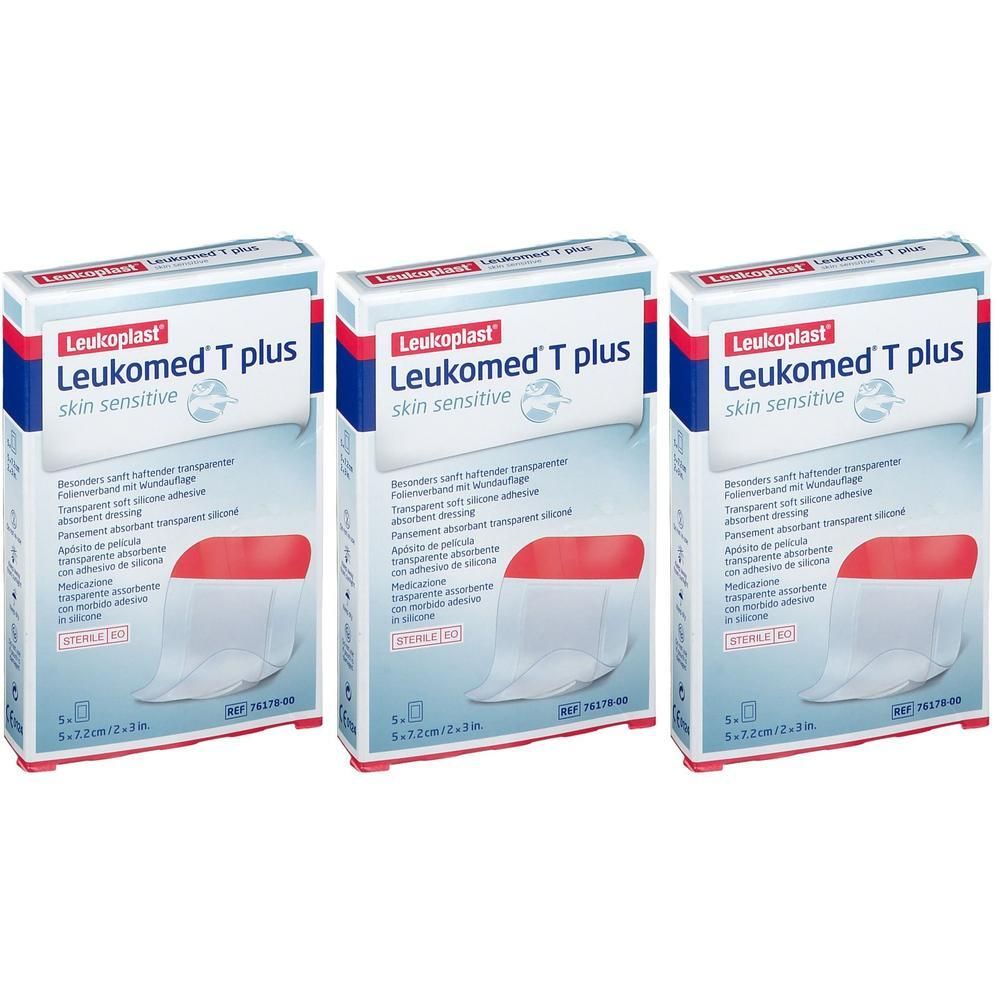 Trois paquets de Leukomed T plus peau sensible 7,2x5cm. Pansement transparent absorbant avec adhésif silicone.
