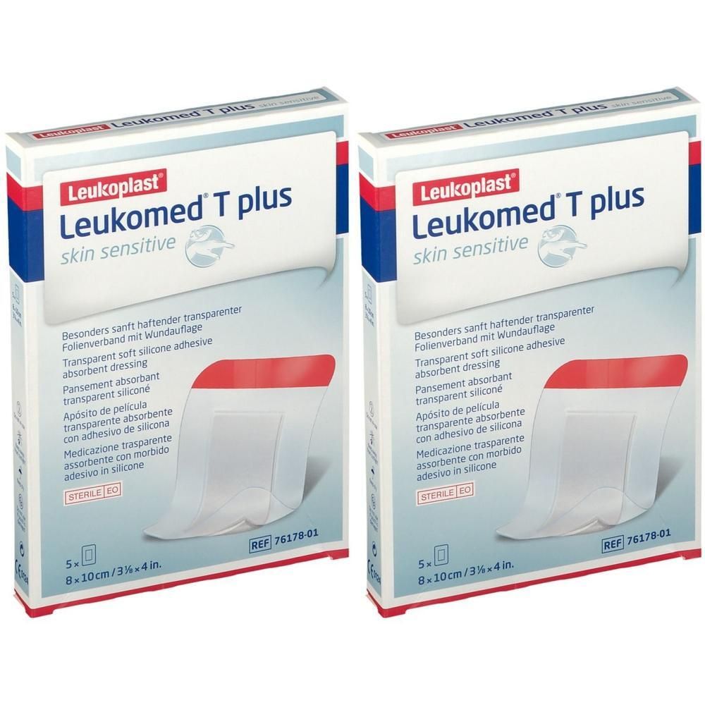Deux paquets de Leukomed T plus peau sensible, 8x10cm. Pansement doux transparent avec silicone.