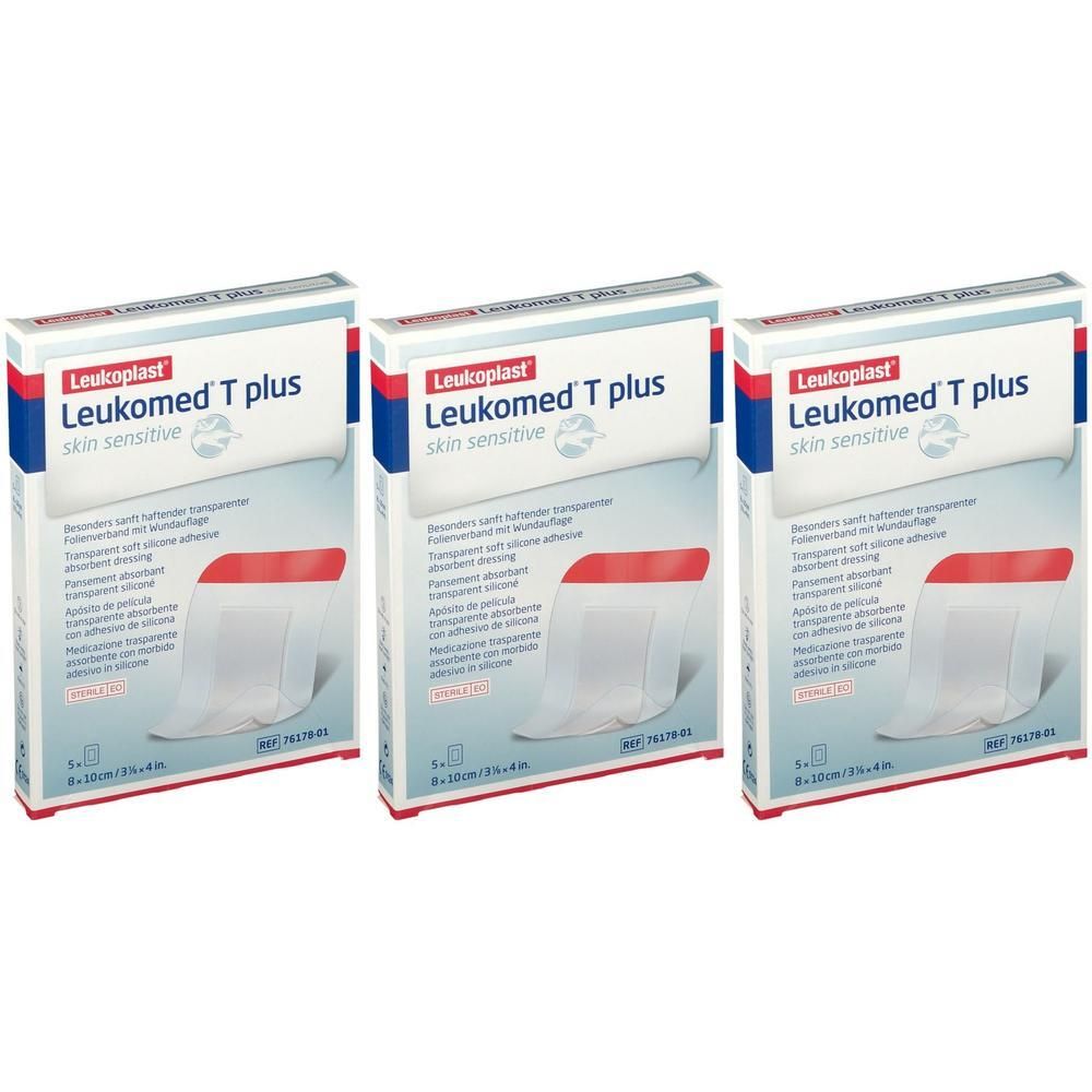 Drie pakken Leukomed T plus Skin Sensitive, transparante wondpleisters met siliconenlijm.
