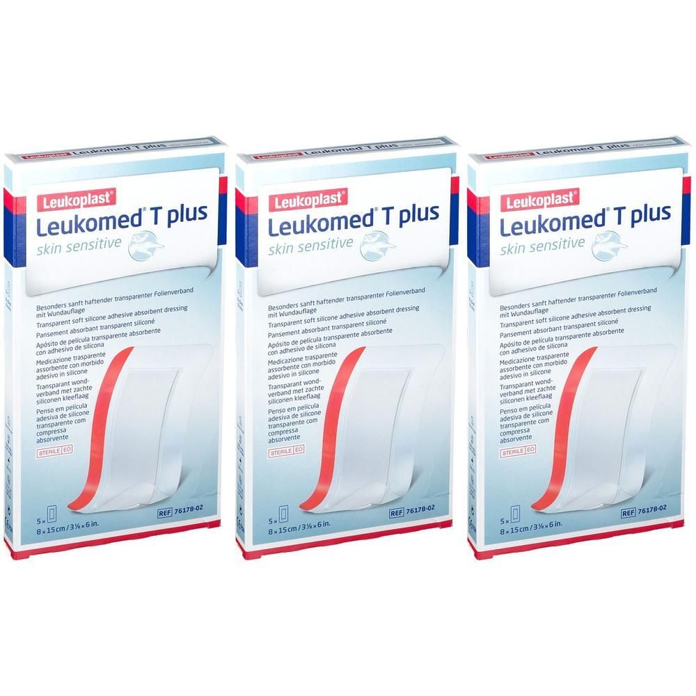 Trois paquets de pansements Leukomed T plus Skin Sensitive, transparents, 8x15cm.