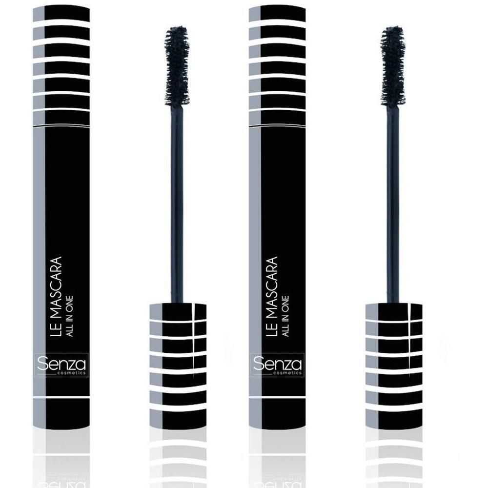 Twee zwarte mascara tubes met zilveren accenten en applicators. Tekst: LE MASCARA ALL IN ONE, Senza.