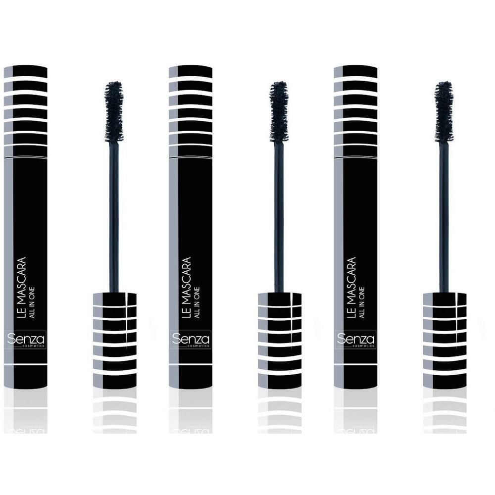 Trois tubes de mascara noirs avec des accents argentés et des applicateurs. "Senza Le Mascara All in One" est imprimé sur les tubes.