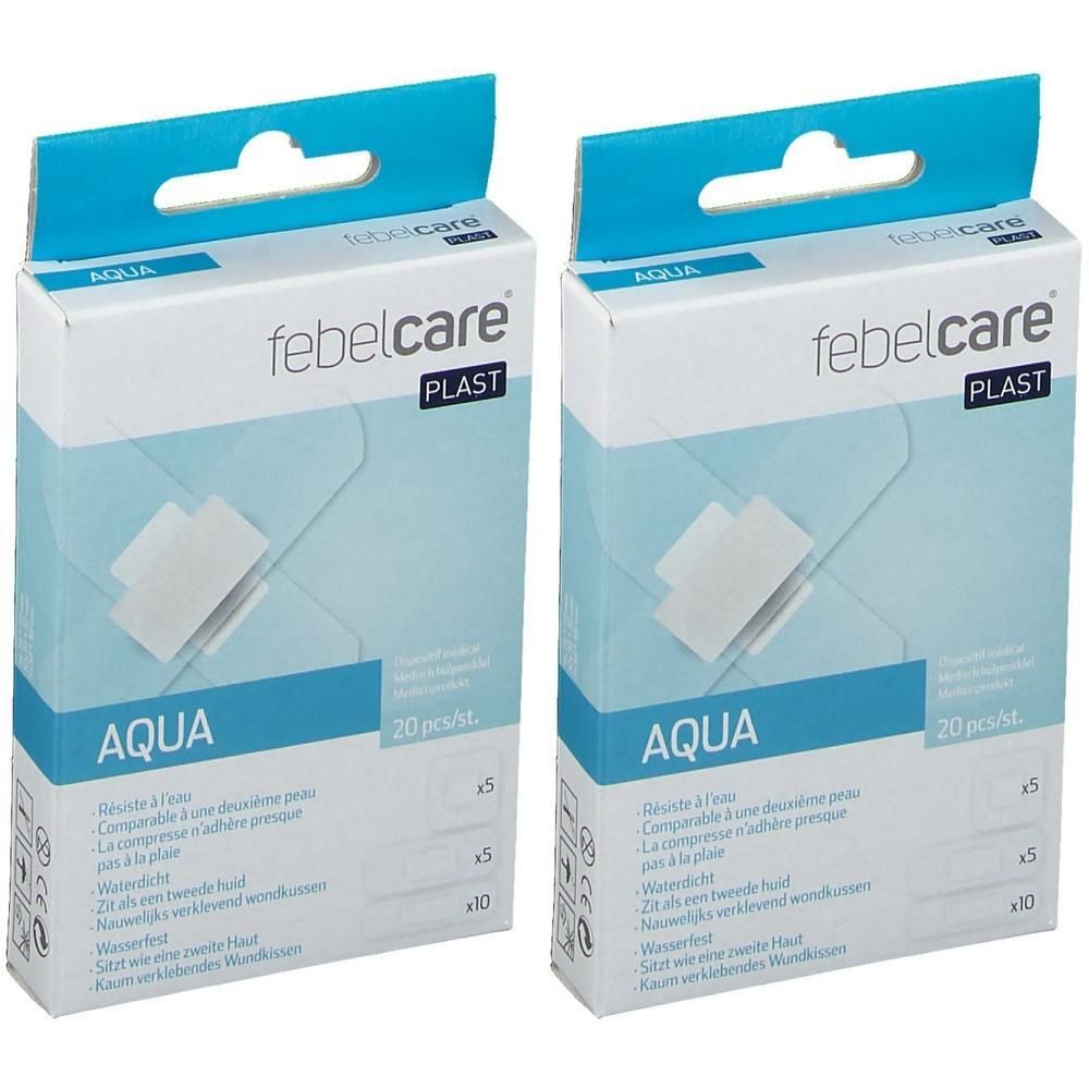 Twee pakken Febelcare Plast Aqua pleisters. Elk pak bevat 20 stuks.