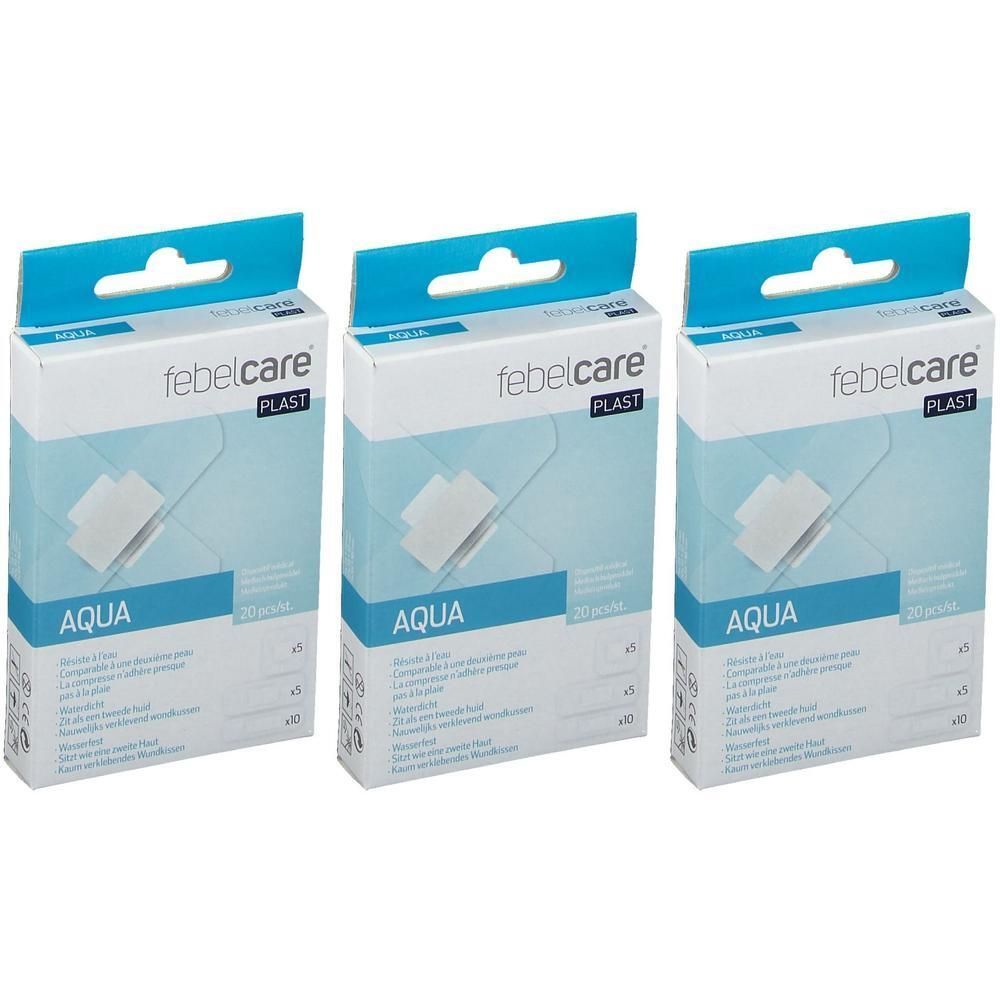 Trois boîtes de pansements Febelcare Aqua Plast. Chaque boîte contient 20 pansements.